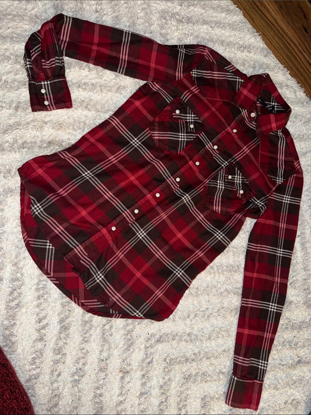 Crew girl Ladies western pearl snap button down shirt plaid red/brown XS EUC 🕰️